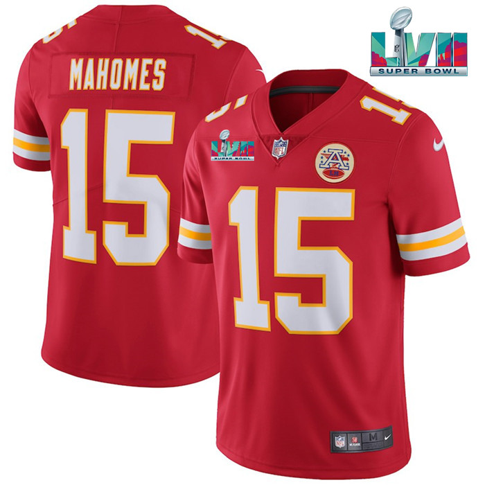 Men??s Kansas City Chiefs #15 Patrick Mahomes Red Super Bowl LVII Patch Vapor Untouchable Limited Stitched Jersey